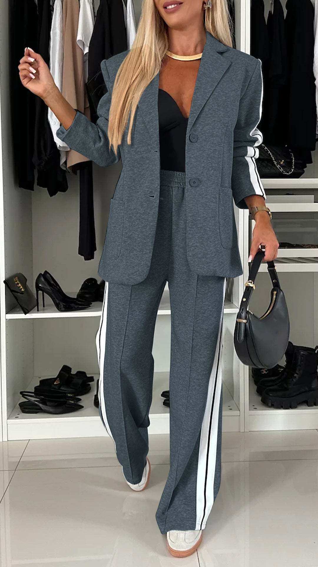 Facerya Revers Patchwork Jacke Und Lockere Hose Anzug Set