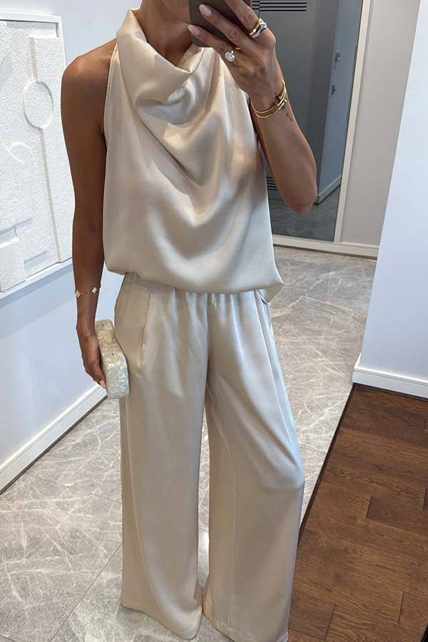 Facerya Satin Neckholder Top und Hose Set