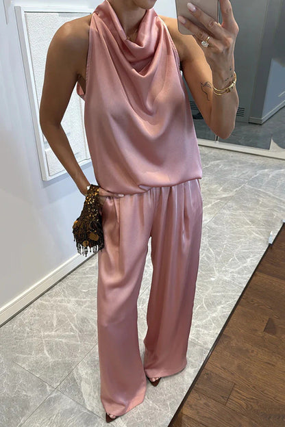 Facerya Satin Neckholder Top und Hose Set