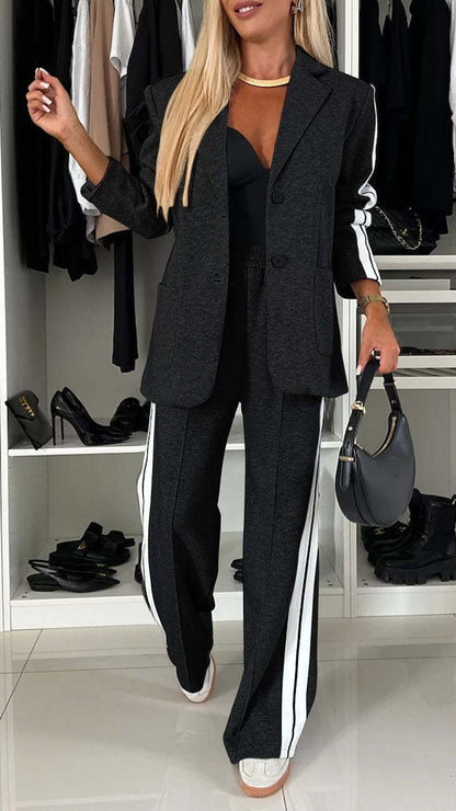 Facerya Revers Patchwork Jacke Und Lockere Hose Anzug Set