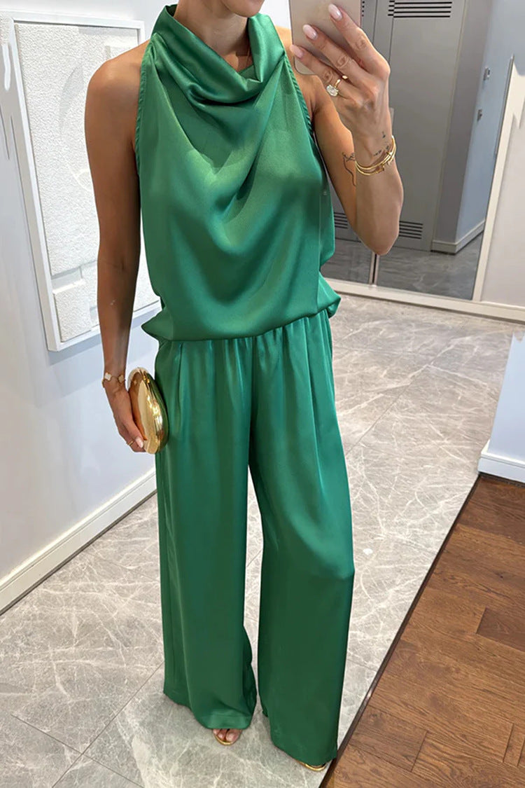 Facerya Satin Neckholder Top und Hose Set